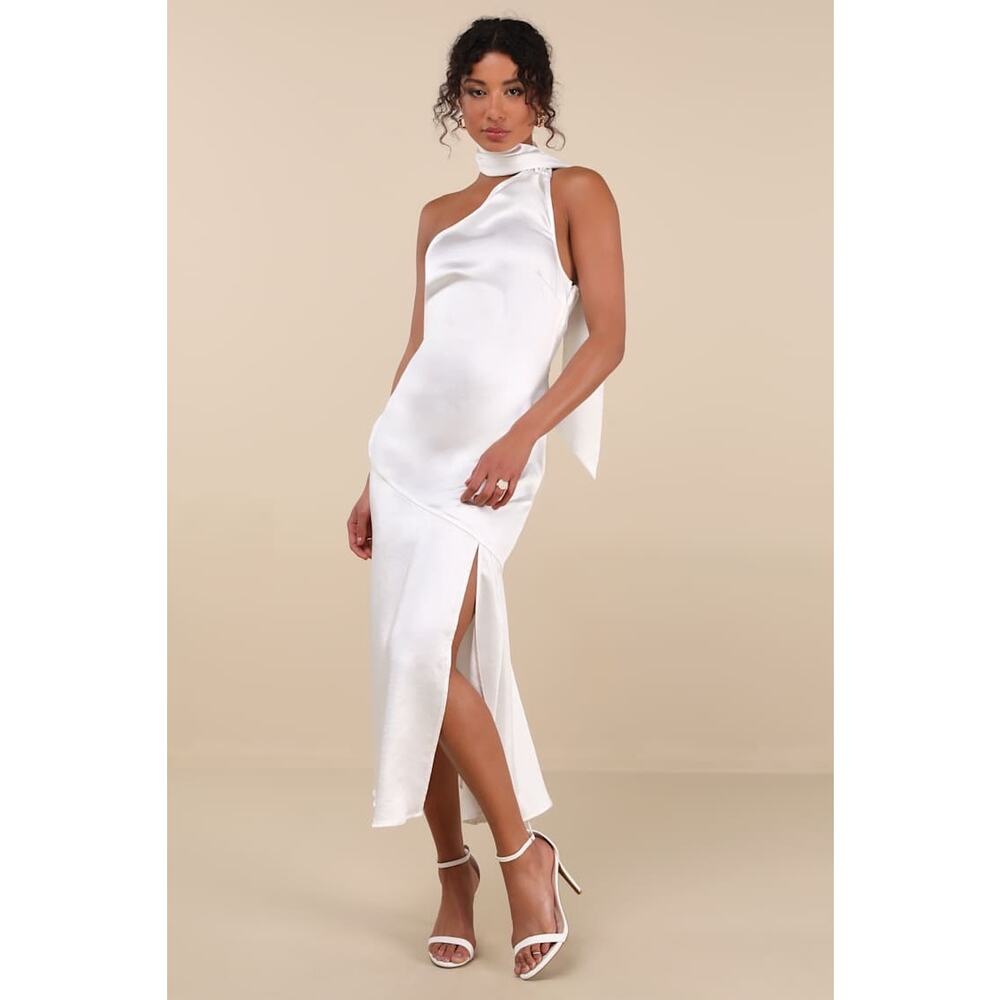 NWT Lulus Reglan White Satin One-Shoulder Sash Midi Dress Banquet Gala Size XS